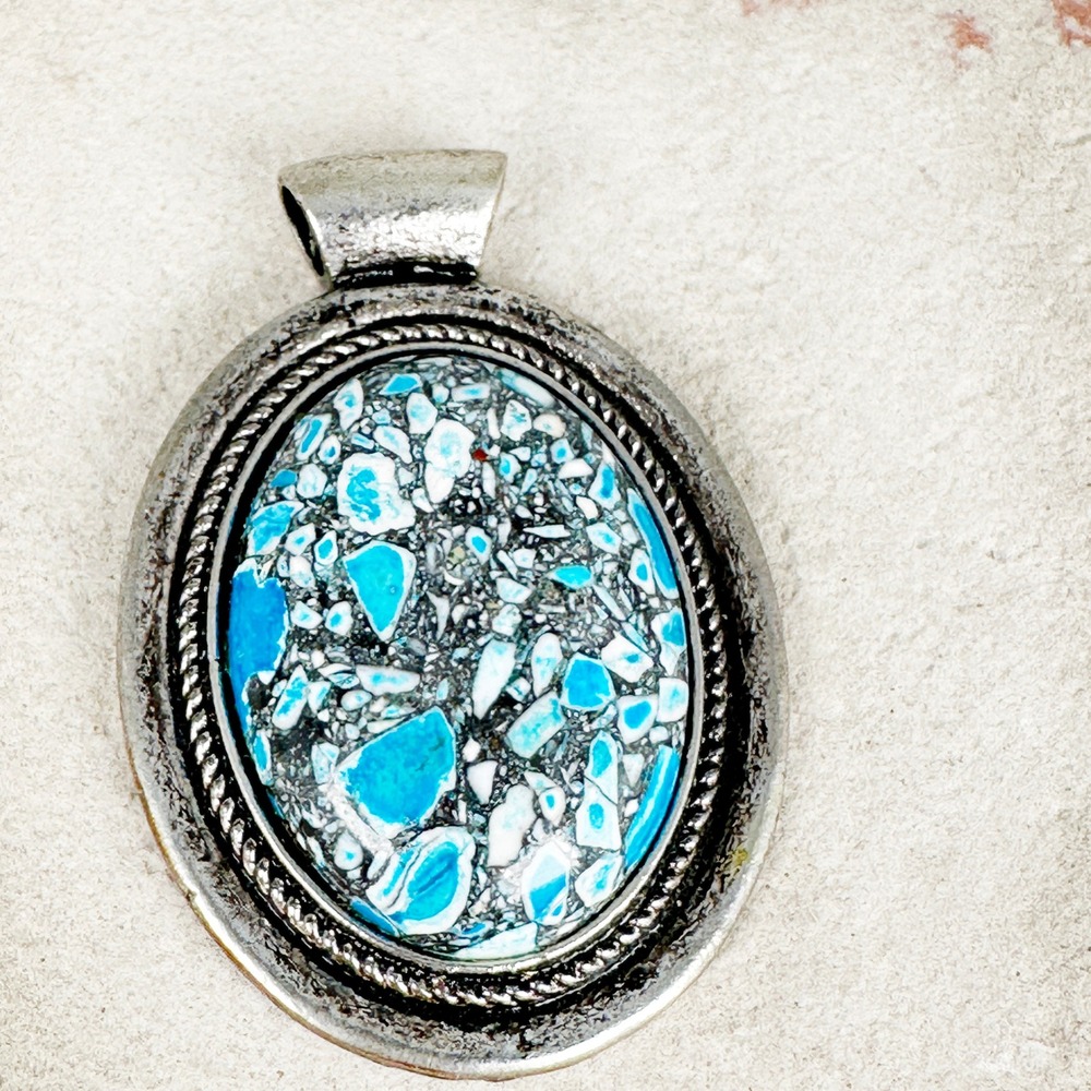 Mosaic Turquoise Oval Pendant 2" Silver Tone Composite Blue Black Matrix‎